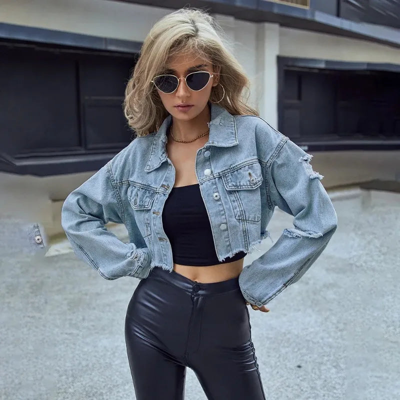 Kurze Denimjacke Damen – Cropped Jeansjacke mit Fransen & Umlegekragen